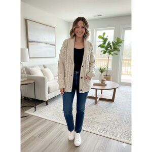 Market & Spruce Cardigan Sweater Womens Medium Cable Knit Shawl Collar